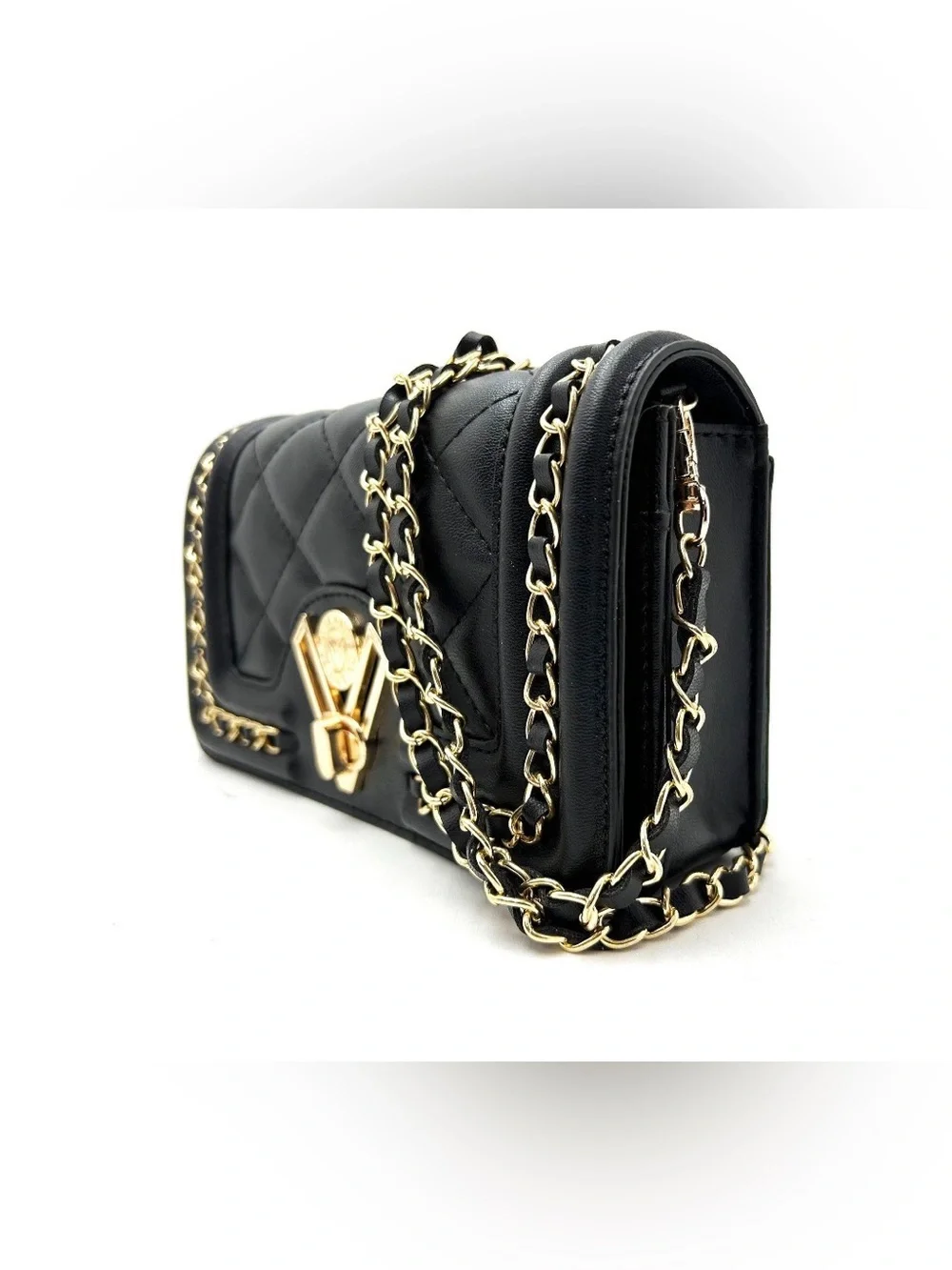 Valentino Orlandi Black Quilted Faux-Leather Crossbody with Gold Chain & V-Lock